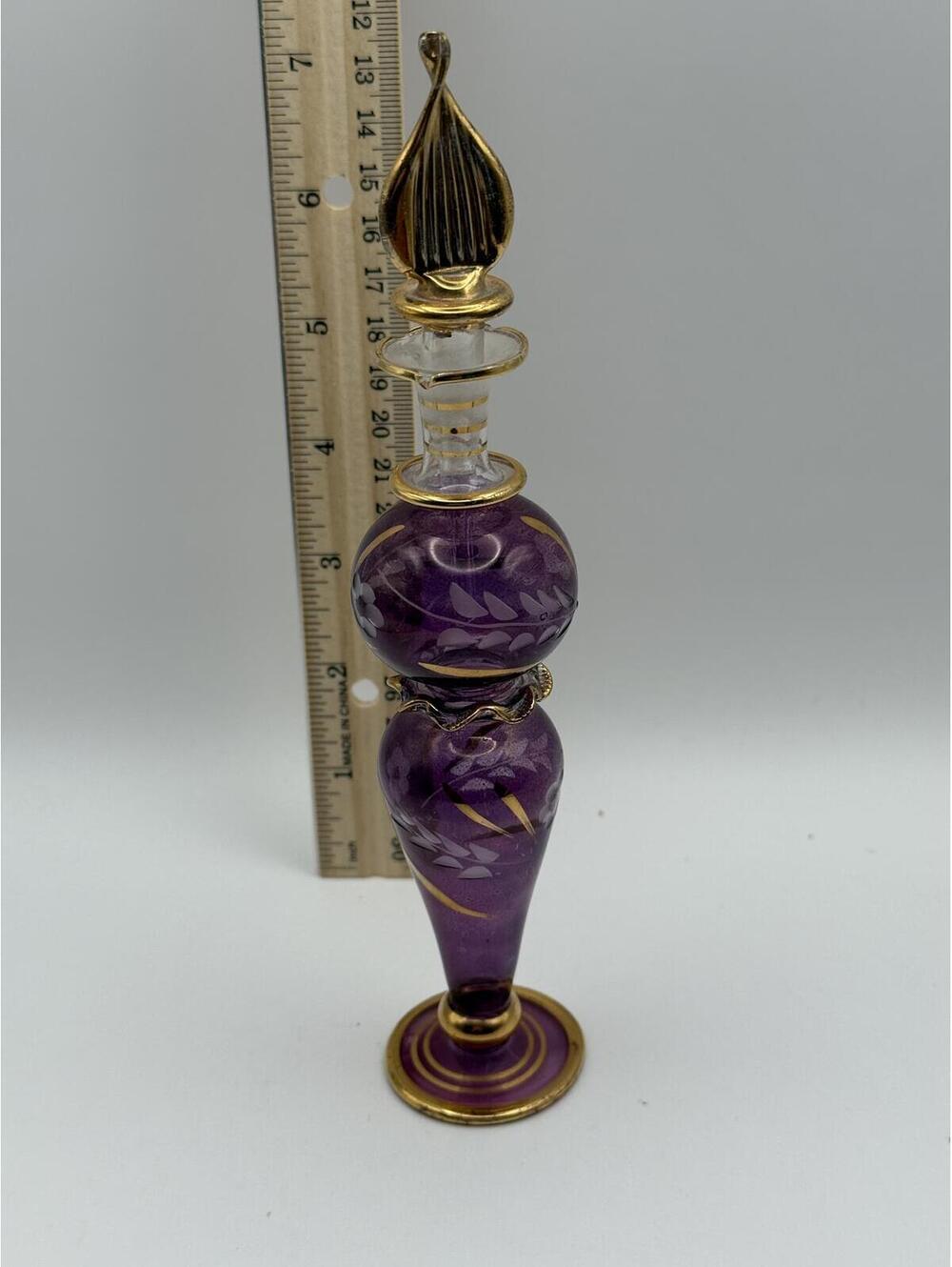 Vintage Purple Art Glass Perfume Bottle Gold Gilt Floral Stopper 9.5"